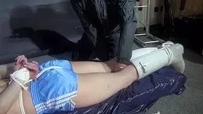 Lady M Tied And Spanked In Shiny Blue Nylon Shorts