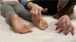 FOOT TICKLE MASSAGE FOR HER OILY SOLES WITH LONG RED NAILS - MP4 Mobile Version