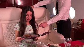 Guy gave his girlfriend a very expensive present and she allowed him and his friend have a double penetration with her right on the private jet