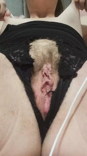 Just a slut with her little tit, bug nipples and hairy wet cunt