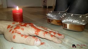 High heels hand trampling and wax pouring