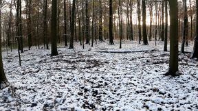 Snowballs on bare breasts in the forest