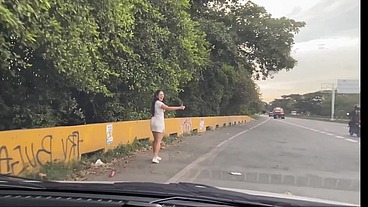 Looking for someone to fuck me on the road, I stop a stranger on the public street and get into his car, I let the stranger touch my pussy and then he takes me to the forest to fuck me