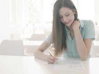 Skinny teen brunette hair with petite boobs is getting screwed from the back on the kitchen table