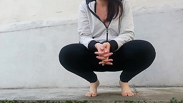 Completely dirty black yoga pants full of pee in public place