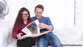 Chubby teen with glasses fucks instead of doing homework with classmate