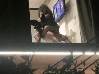 Caught horny couple fucking through open hotel window, peeking hot milf blowjob