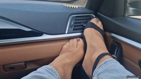 Feet in nylons and sandals on the dashboard HD wmv 1920x1080
