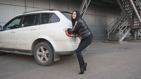 Long-legged Beauty in very high heels pedal pumping and walking