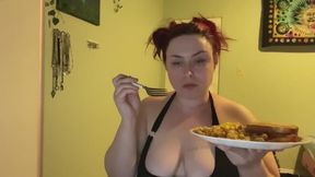 Stuffing myself with greasy breakfast in tight skirt