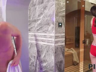 Stacy Cruz is having steamy sex in the sauna and groaning from joy whilst cumming