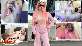 German girl Maria Gail shows off her pink hair and big breasts in rough sex scenes