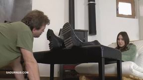 Mistress Cassy's dirty boots are cleaned by the slave's tongue B wmv