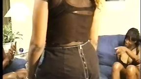 Five sultry ebony siren's tongues engulfing cocks on velvet sofa