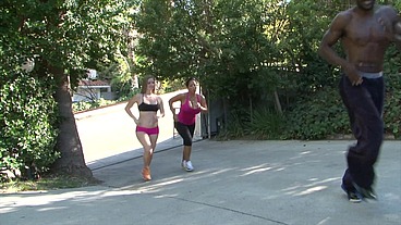 Two super hot big boobs milfs share big black cock instead of morning fitness...