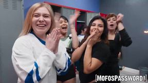 Cute little teen Spiraling Spirit sucks and rides a huge dick in front of her friends