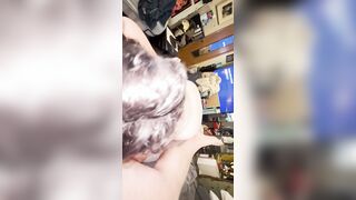 Chubby ex-wife blows her own long hooters then blows and massage hubby while talking kinky