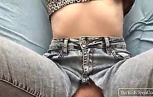 Turkish girl in ripped jeans has intense shaking orgasm