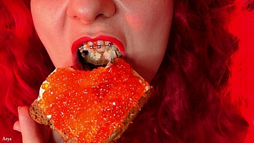 ASMR food fetish MUKBANG video in BRACES (Arya Grander)