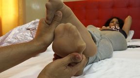 Big, tired and warm nylon feet, ready for rubs massages and strokes! - MOV