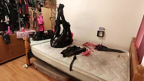 Self bondage using catsuit bodysuit, armbinder, and hogtie