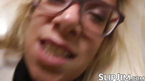 Nerdy UK babe is hammered doggy by senior after sucking him