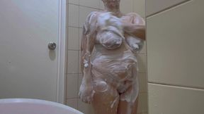 horny indian desi aunty touching sexy soapy breasts and hairy pussy in the shower