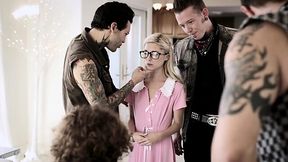 Nerdy innocent babe loses it all in the gangbang