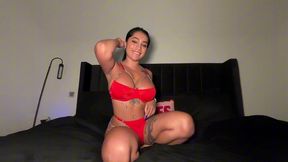 yasmina khan rides massive dildo in red lingerie!