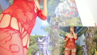 when everyone left, she danced in a red jumpsuit and fucked herself with a dildo to cum