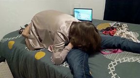 1309 - french amateur, doggystyle fuck, rose satin outfit, satin lingerie, blowjob, rimjob