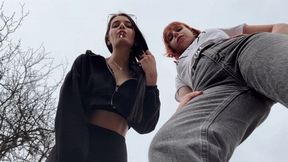 Bully Girls Spit On You And Order You To Lick Their Dirty Sneakers - Outdoor POV Double Femdom (MP4 HD 1080p)