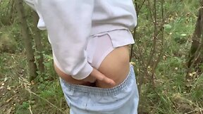 Lovely russian twink jacking off in a public forest and pee outdoors
