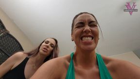 Vicky and Megan use the small trainer as equipment: Lift and Carry POV, Strong Woman, Height Humiliation- 1080p