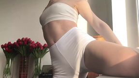 Morning home yoga wearing short shorts with a cameltoe