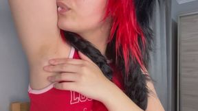 My stepsister plays with her armpits, licks her pussy and teases her with her finger, then makes ahegao facial expressions