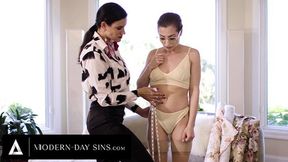 Shy lesbian geek gets intimate with strap-on-wielding femdom MILF at discreet appointment