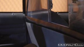 Sexy cougar's fingers playing with clit in sedan's passenger seat