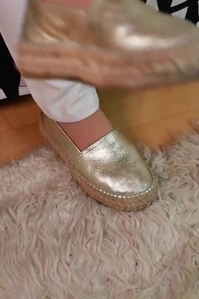 Tight Jeans, Glitter Espadrilles &amp; Nylon Feet Close-up