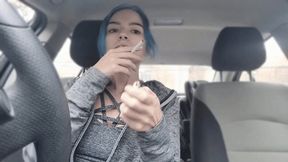 Sexy Goth Girl Smokes In Car after Workout at the Gym