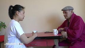 horny old pervert asks his asian nursemaid to fuck
