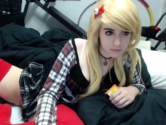 Blonde teen in stockings sucks two cocks
