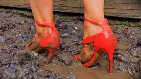 MudBath 3: Destroying My Coral Strappy Heels - 166 - Muddy Dirty Destruction Filthy Trashing Shoes Stilettos Fetish Trample Trampling Mud