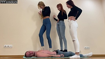 Triple Full Weight Trampling Femdom With Mistresses Kira, Sofi and Agma
