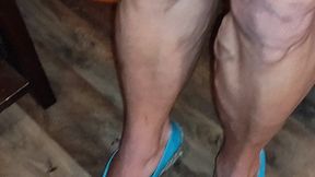 Wearing blue satin wedges