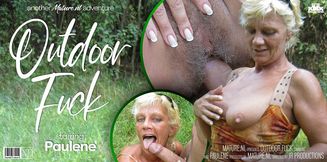 Hairy pussy voyeur granny Paulene gets fucked outdoor by her secret lover Leslie Taylor