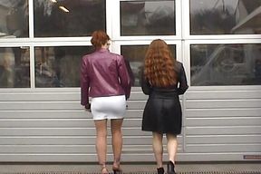 Two Naughty Girls From France Pleasing a Hard Dick Behind a Car