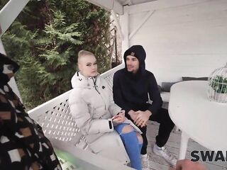 SWAP4K. A sweet forest hike ended up as a hard trio with two gals and 1 cuckold