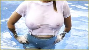 Wifey goes braless in a public exhibitionist dare in a public pool