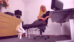 616. White stiletto heels dangling, MILF secretary in black pantyhose, classy (classic) shiny nylon fetish, shiny pantyhose, thick legs, blonde in eye glasses, office fantasy play.